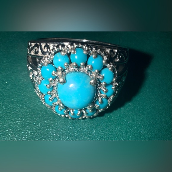 Turquoise “sleeping beauty” and 925 Silver large Floral Ring 9 - Picture 2 of 14